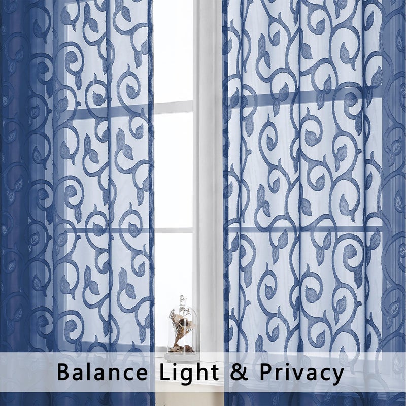 OWENIE Furman Sheer Curtains 63 inch Length for Bedroom Living Room 2 Panels Set, Jacquard Clip Textured Semi Sheer Curtains, Light Filtering Rod Pocket Farmhouse Window Treatments, Blue, 40Wx63L inch - Image 3