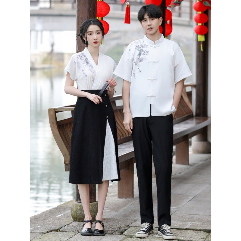 New Chinese Couple Suit Ink Painting Short Sleeve Buckle Vertical Collar Shirt Antique Cross Hanfu Improved Class Suit Performance Suit - Image 1