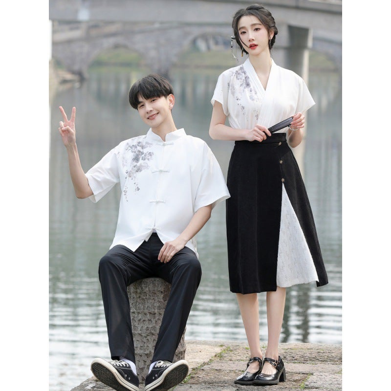 New Chinese Couple Suit Ink Painting Short Sleeve Buckle Vertical Collar Shirt Antique Cross Hanfu Improved Class Suit Performance Suit - Image 4