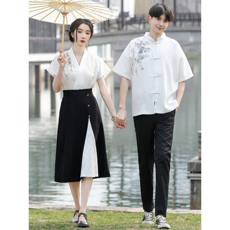 New Chinese Couple Suit Ink Painting Short Sleeve Buckle Vertical Collar Shirt Antique Cross Hanfu Improved Class Suit Performance Suit - Image 2