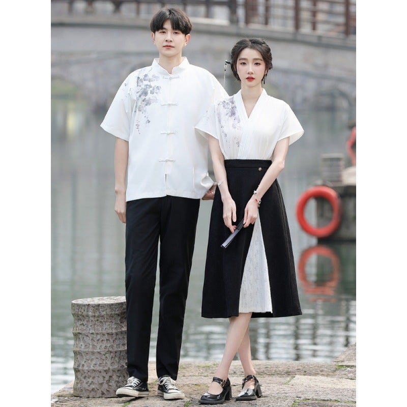 New Chinese Couple Suit Ink Painting Short Sleeve Buckle Vertical Collar Shirt Antique Cross Hanfu Improved Class Suit Performance Suit - Image 5