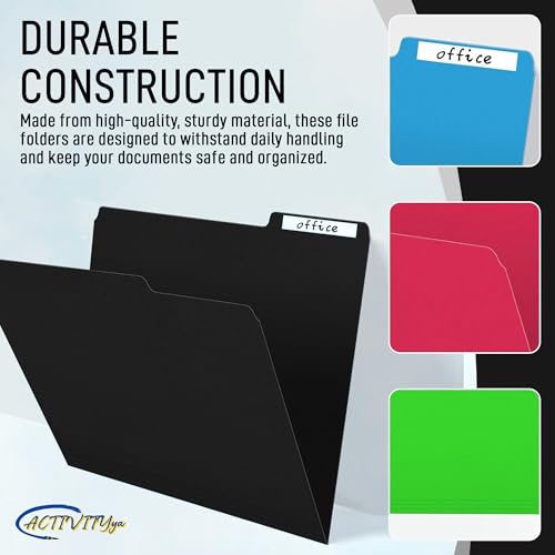ACTIVITYYA Black File Folders, 1/3-Cut Tabs, Letter Size, 12-Pack – Durable Office Filing Folders for Documents, Papers, and Organization - Image 5