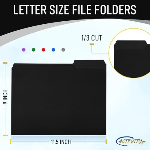 ACTIVITYYA Black File Folders, 1/3-Cut Tabs, Letter Size, 12-Pack – Durable Office Filing Folders for Documents, Papers, and Organization - Image 2