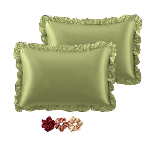 GO WELL Ruffle Satin Pillowcase for Hair and Skin, Standard Size Satin Pillow Covers Silky Pillow Cases Set of 2, Satin Ruffled Pillowcase with Envelope Closure,(Pista Green) 1000TC - Image 1