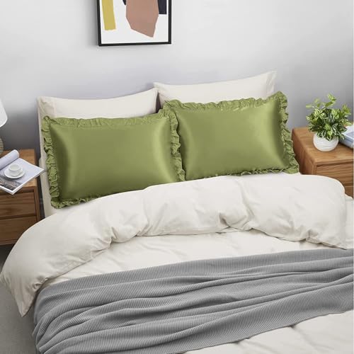 GO WELL Ruffle Satin Pillowcase for Hair and Skin, Standard Size Satin Pillow Covers Silky Pillow Cases Set of 2, Satin Ruffled Pillowcase with Envelope Closure,(Pista Green) 1000TC - Image 3