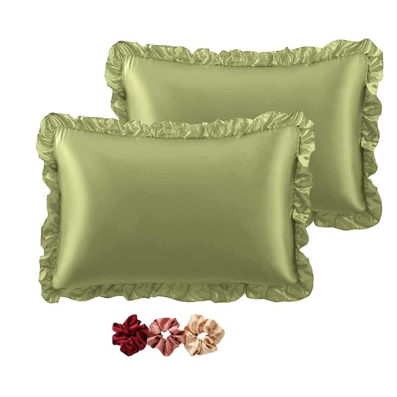 GO WELL Ruffle Satin Pillowcase for Hair and Skin, Standard Size Satin Pillow Covers Silky Pillow Cases Set of 2, Satin Ruffled Pillowcase with Envelope Closure,(Pista Green) 1000TC - Image 4