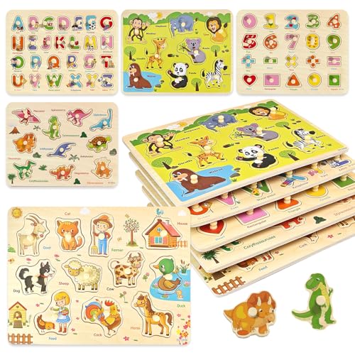 edutree Wooden Peg Puzzle for Toddlers 24 5 Pack Montessori Toys Learning Educational Puzzles for Kids Girls Boys 2 3 4 Yesrs Old with Dinosaurs Farm Animal Number - Image 1