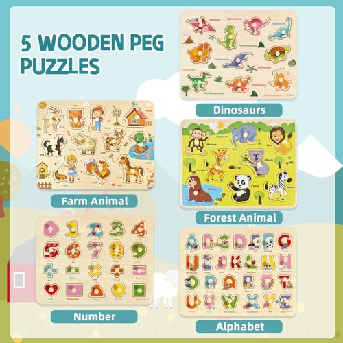edutree Wooden Peg Puzzle for Toddlers 24 5 Pack Montessori Toys Learning Educational Puzzles for Kids Girls Boys 2 3 4 Yesrs Old with Dinosaurs Farm Animal Number - Image 5