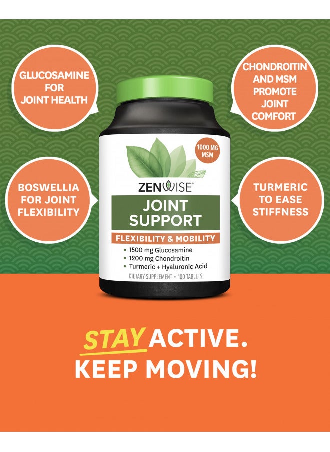 Zenwise Glucosamine Chondroitin MSM - Joint Support Supplement with Turmeric Curcumin for Hands, Back, Knee, and Joint Health, Advanced Relief for Bone and Joint Flexibility and Mobility - 180 Tablets