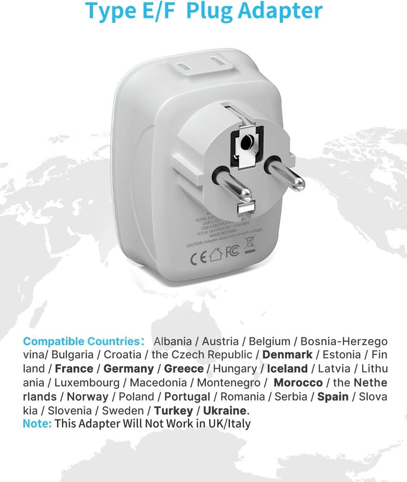 VINTAR 2 Pack Type E/F Plug Adapter, Schuko Germany France Adapter Plug,South Korea Outlet Adapter with 1 USB C,3 USB Ports and 2 Outlets, US to EU Spain Iceland Greece Paris German French Korea - Image 2
