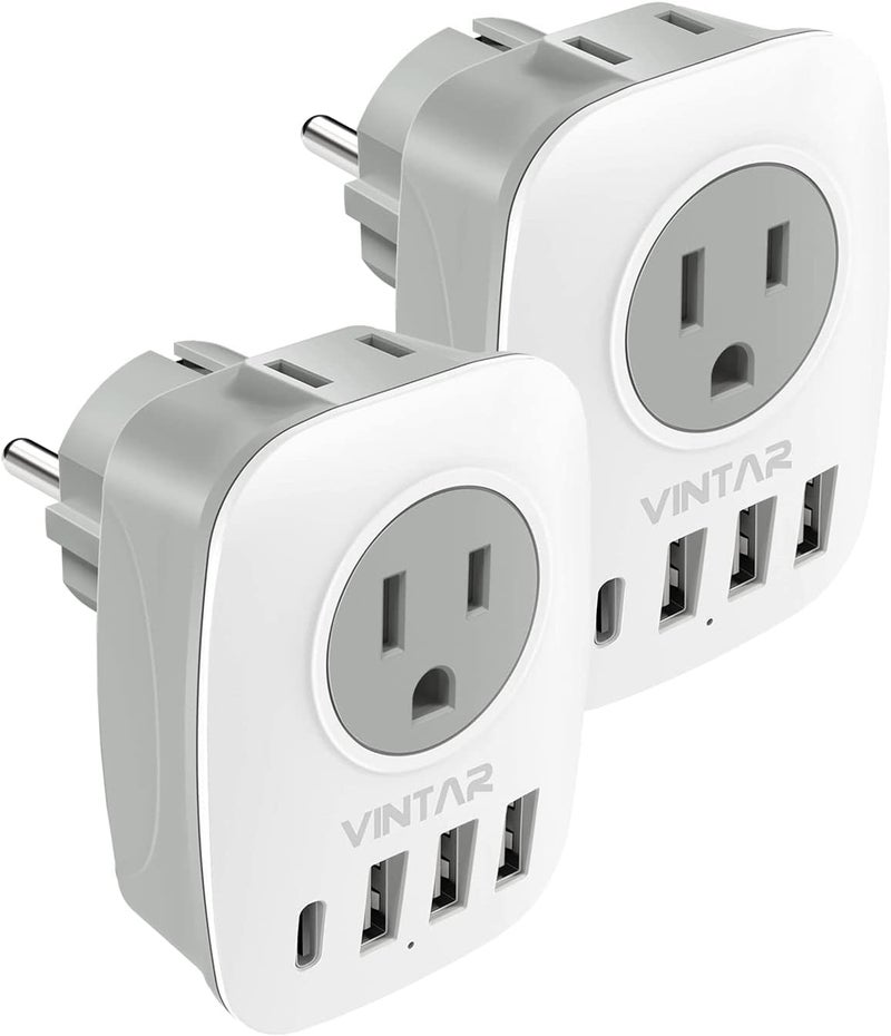 VINTAR 2 Pack Type E/F Plug Adapter, Schuko Germany France Adapter Plug,South Korea Outlet Adapter with 1 USB C,3 USB Ports and 2 Outlets, US to EU Spain Iceland Greece Paris German French Korea - Image 1