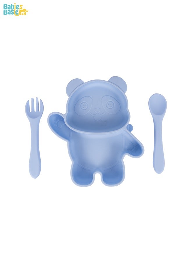 Babies Basic Feeding Set, 3 Piece, Silicone Set For Self Feeding, Learning & Fine Motor Skills Soft, Easy To Grip,Silicone Suction Plate With Silicone Spoon And Fork- Blue