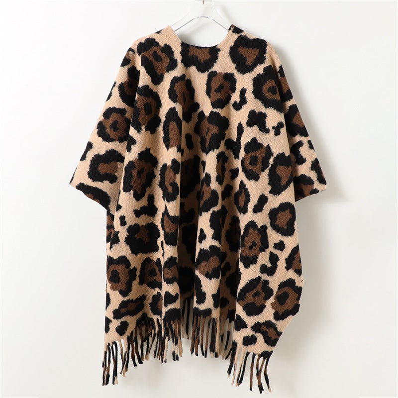 Autumn and Winter Unisex Leopard Print Color-Blocked Double-Sided Shawl with Imitation Cashmere High-End Warm Tassel Scarf Cloak - Image 5