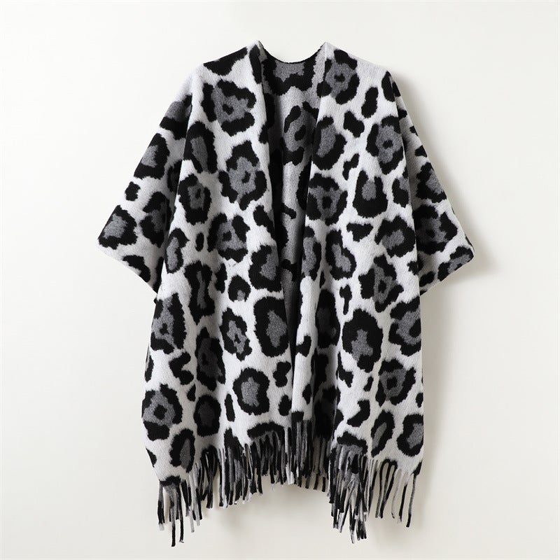Autumn and Winter Unisex Leopard Print Color-Blocked Double-Sided Shawl with Imitation Cashmere High-End Warm Tassel Scarf Cloak - Image 2