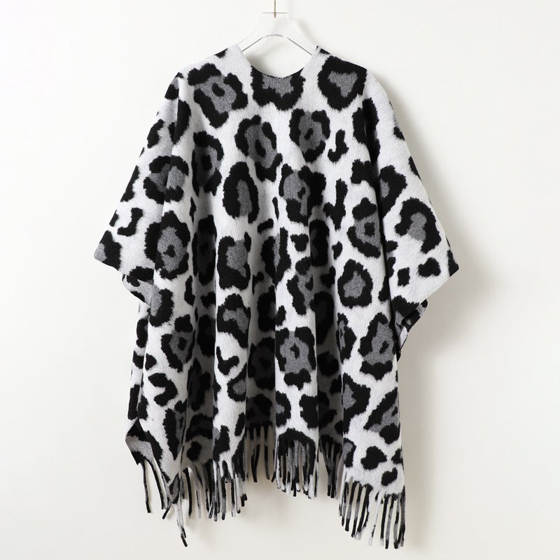 Autumn and Winter Unisex Leopard Print Color-Blocked Double-Sided Shawl with Imitation Cashmere High-End Warm Tassel Scarf Cloak - Image 3