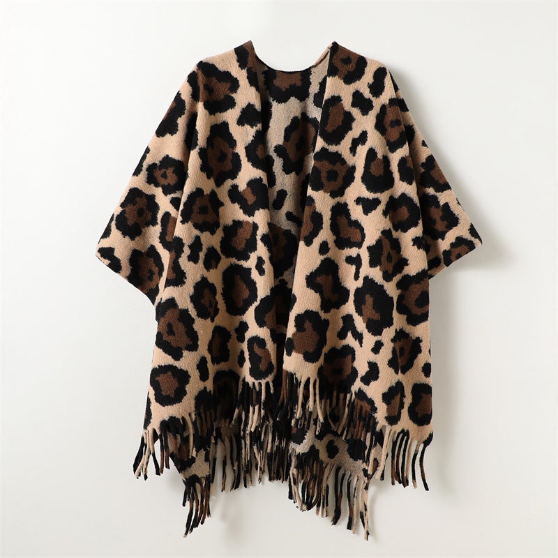 Autumn and Winter Unisex Leopard Print Color-Blocked Double-Sided Shawl with Imitation Cashmere High-End Warm Tassel Scarf Cloak - Image 1