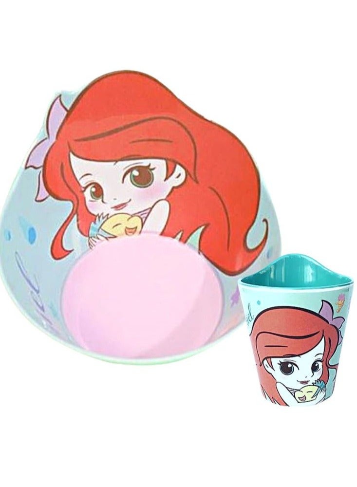 Disney Melamine Anti Shock Drop Proof Dining Bowl and Cup Set for Kids and Toddlers  perfect for cereal, snacks, juice, or milk.(Ariel) - Image 1