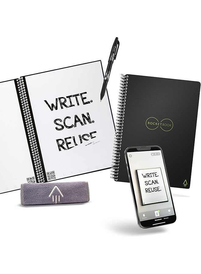 Rocketbook Smart Reusable Notebook Dot Grid Eco Friendly Notebook With 1 Pilot Frixion Pen And 1 Microfiber Cloth Included Infinity Black Cover Executive Size 6" X 8.8" - Image 1