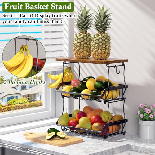 OKZEST 3-Tier Fruit Basket for Kitchen Counter with Banana Hangers, Countertop Organizer Fruit Bowls with Wood Top, Fruit Storage Basket Stand for Storage Potato Onion Bread Snack Fruit Veggie - Image 3