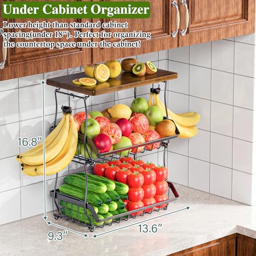 OKZEST 3-Tier Fruit Basket for Kitchen Counter with Banana Hangers, Countertop Organizer Fruit Bowls with Wood Top, Fruit Storage Basket Stand for Storage Potato Onion Bread Snack Fruit Veggie - Image 2