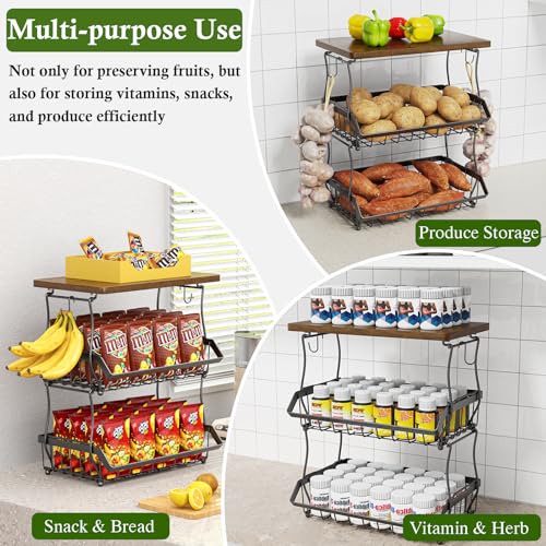 OKZEST 3-Tier Fruit Basket for Kitchen Counter with Banana Hangers, Countertop Organizer Fruit Bowls with Wood Top, Fruit Storage Basket Stand for Storage Potato Onion Bread Snack Fruit Veggie - Image 5