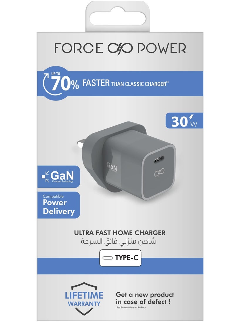 FORCE Force Power 30W USB C PD Power Delivery GaN  Upto 70% Faster Wall Charger Lifetime Warranty Gray  - Image 1