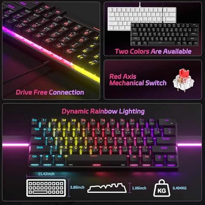 rayihni 61-KEY MECHANICAL KEYBOARD, WITH ENGLISH AND ARABIC BILINGUAL INPUT KEYCAP, RED AXIS HYBRID LIGHT, COMPACT MINI WIRED KEYBOARD, FOR PC, MAC E-SPORTS PORTABLE - BLACK - Image 3