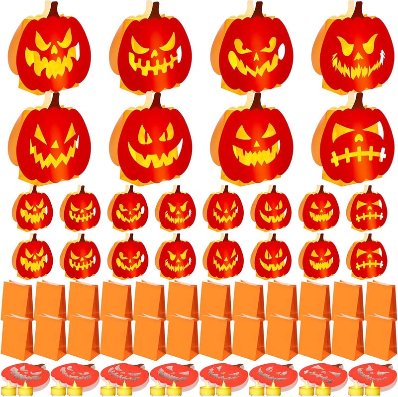 Watersay 24 Pcs Halloween Luminary Bags with 24 Pcs LED Tea Lights Pumpkin Lantern Luminary Paper Bags with 48 Pcs Pumpkin Cards with 8 Different Pumpkin Faces Halloween Decoration Candle Holder Bag - Image 1