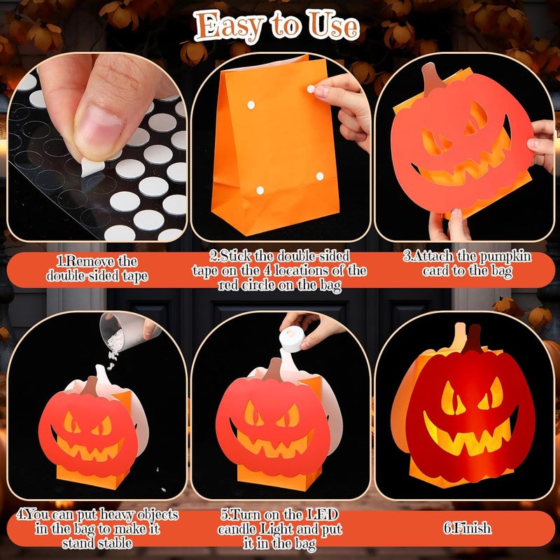 Watersay 24 Pcs Halloween Luminary Bags with 24 Pcs LED Tea Lights Pumpkin Lantern Luminary Paper Bags with 48 Pcs Pumpkin Cards with 8 Different Pumpkin Faces Halloween Decoration Candle Holder Bag - Image 3