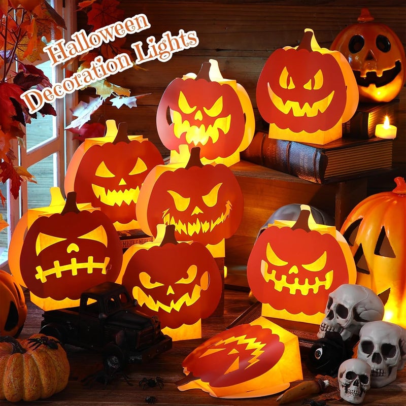 Watersay 24 Pcs Halloween Luminary Bags with 24 Pcs LED Tea Lights Pumpkin Lantern Luminary Paper Bags with 48 Pcs Pumpkin Cards with 8 Different Pumpkin Faces Halloween Decoration Candle Holder Bag - Image 4