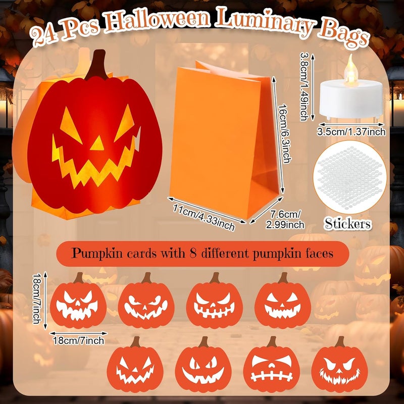 Watersay 24 Pcs Halloween Luminary Bags with 24 Pcs LED Tea Lights Pumpkin Lantern Luminary Paper Bags with 48 Pcs Pumpkin Cards with 8 Different Pumpkin Faces Halloween Decoration Candle Holder Bag - Image 2