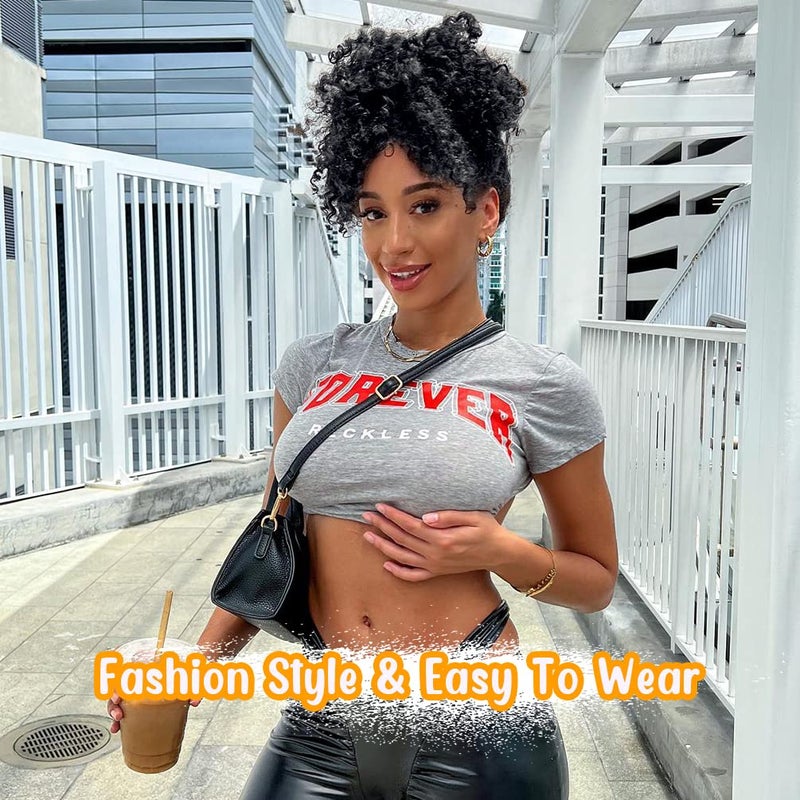 MODSIGHT Afro Puff Drawstring Ponytail with Bangs, Black Kinky Curly Ponytail Bun with Bangs Updo Hairpieces, Short Afro Puffs with Bang for Black Women (Natural Black 1B) - Image 3