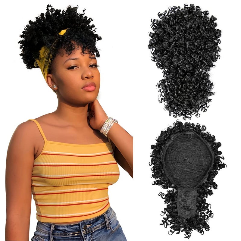 MODSIGHT Afro Puff Drawstring Ponytail with Bangs, Black Kinky Curly Ponytail Bun with Bangs Updo Hairpieces, Short Afro Puffs with Bang for Black Women (Natural Black 1B) - Image 1