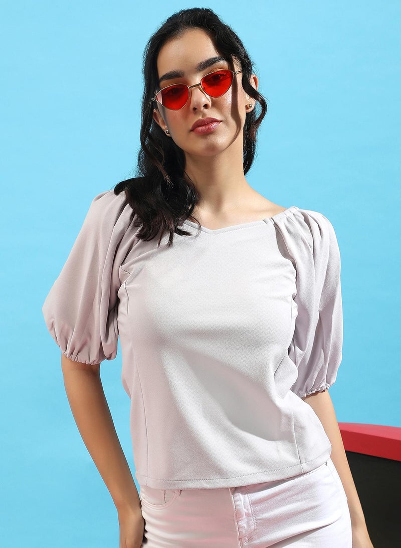 PINACOLADA Women's Light Grey Puff-Sleeved Top  - Image 3