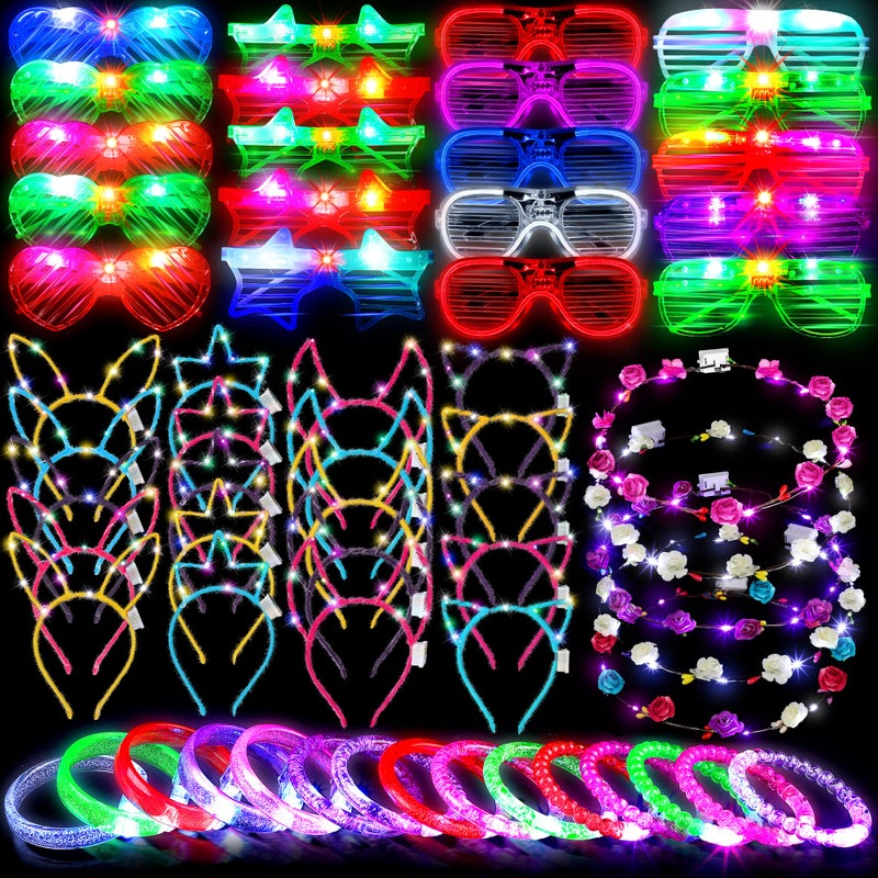 ADXCO 60 Pieces Glow in the Dark Party Supplies Neon Party Favor LED Light Up Party Favors with Flashing Glasses Flower Headband Crown Bracelets Rabbit Cat Ear Headband for Neon Party - Image 2