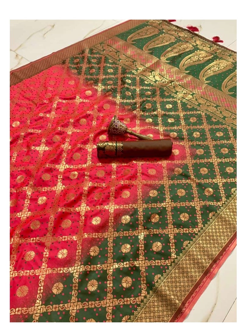 Grab Mantra Reddish Pink And Green Silk Patola Print Saree with Unstitched Silk Plain Blouse 