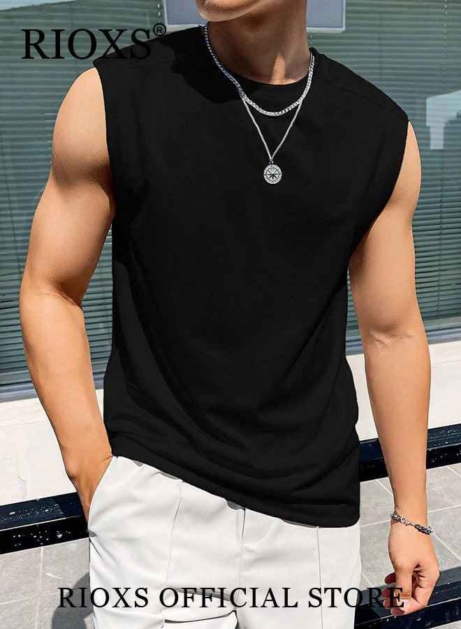 RIOXS Men's Workout Tank Tops, Loose Fit Quick Dry Summer Sleeveless Sports T-Shirt for Men, Soft Breathable Moisture Wicking Street Vest, Casual Solid Color Tank Shirts, Beach Lightweight Muscle Tee for Gym Workouts, Jogging, Team Sports, and Outdoor Activities, Black - Image 4
