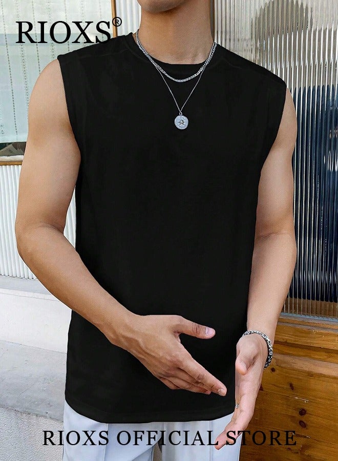 RIOXS Men's Workout Tank Tops, Loose Fit Quick Dry Summer Sleeveless Sports T-Shirt for Men, Soft Breathable Moisture Wicking Street Vest, Casual Solid Color Tank Shirts, Beach Lightweight Muscle Tee for Gym Workouts, Jogging, Team Sports, and Outdoor Activities, Black - Image 5