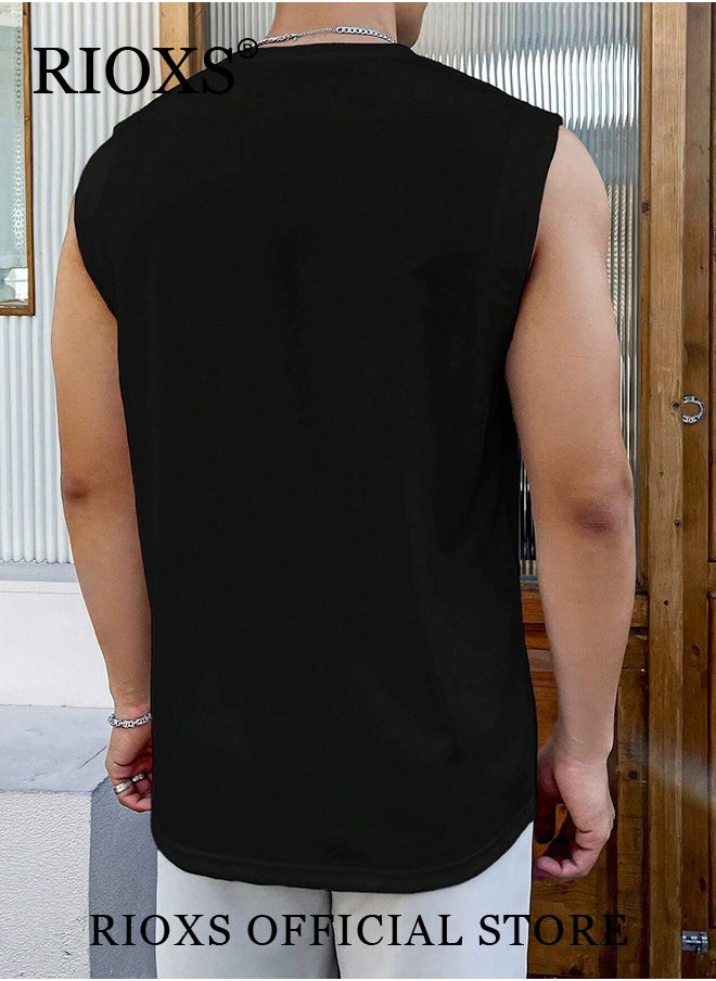 RIOXS Men's Summer Street Vest Casual Solid Color Sleeveless Sports T-Shirt Loose Workout Tank Top Black  - Image 2