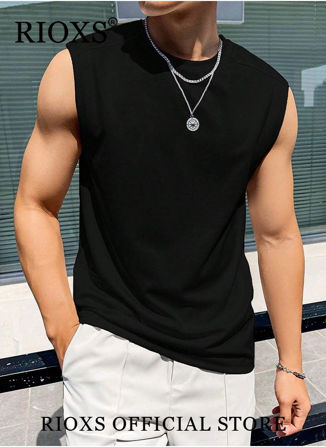 RIOXS Men's Summer Street Vest Casual Solid Color Sleeveless Sports T-Shirt Loose Workout Tank Top Black  - Image 5