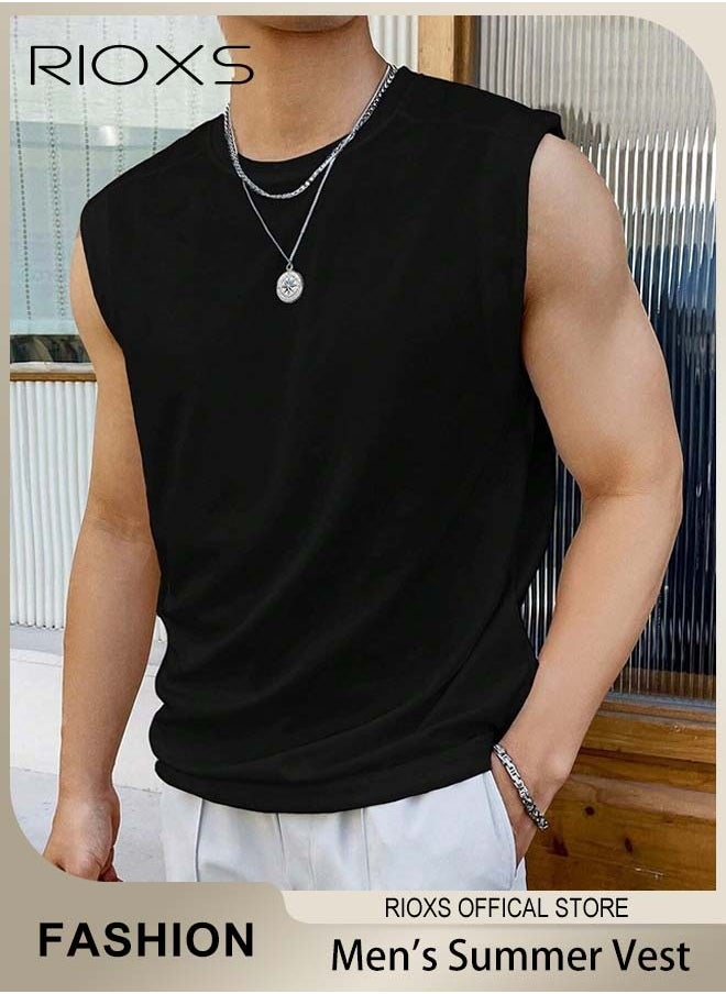 RIOXS Men's Summer Street Vest Casual Solid Color Sleeveless Sports T-Shirt Loose Workout Tank Top Black  - Image 1