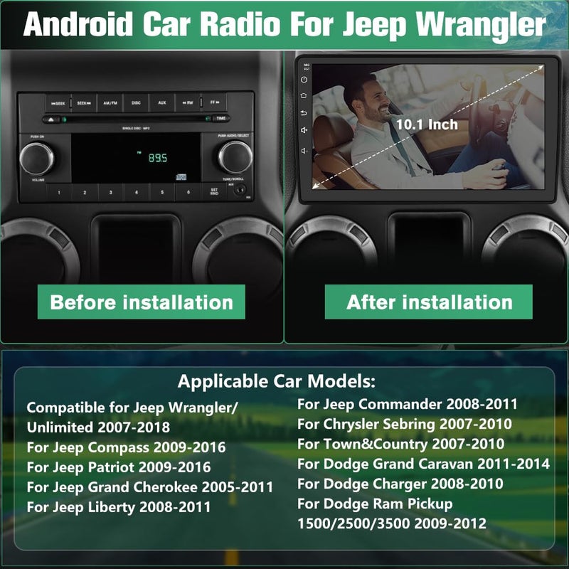 Pyniro Car Radio Stereo Upgrade for Jeep Wrangler 2007-2018/Dodge Ram 1500,etc., Android Head Unit with 10.1-Inch Touch Screen/Backup Camera/Wireless CarPlay & Android Auto/Mirroring/Wi-Fi/FM/SWC - Image 3