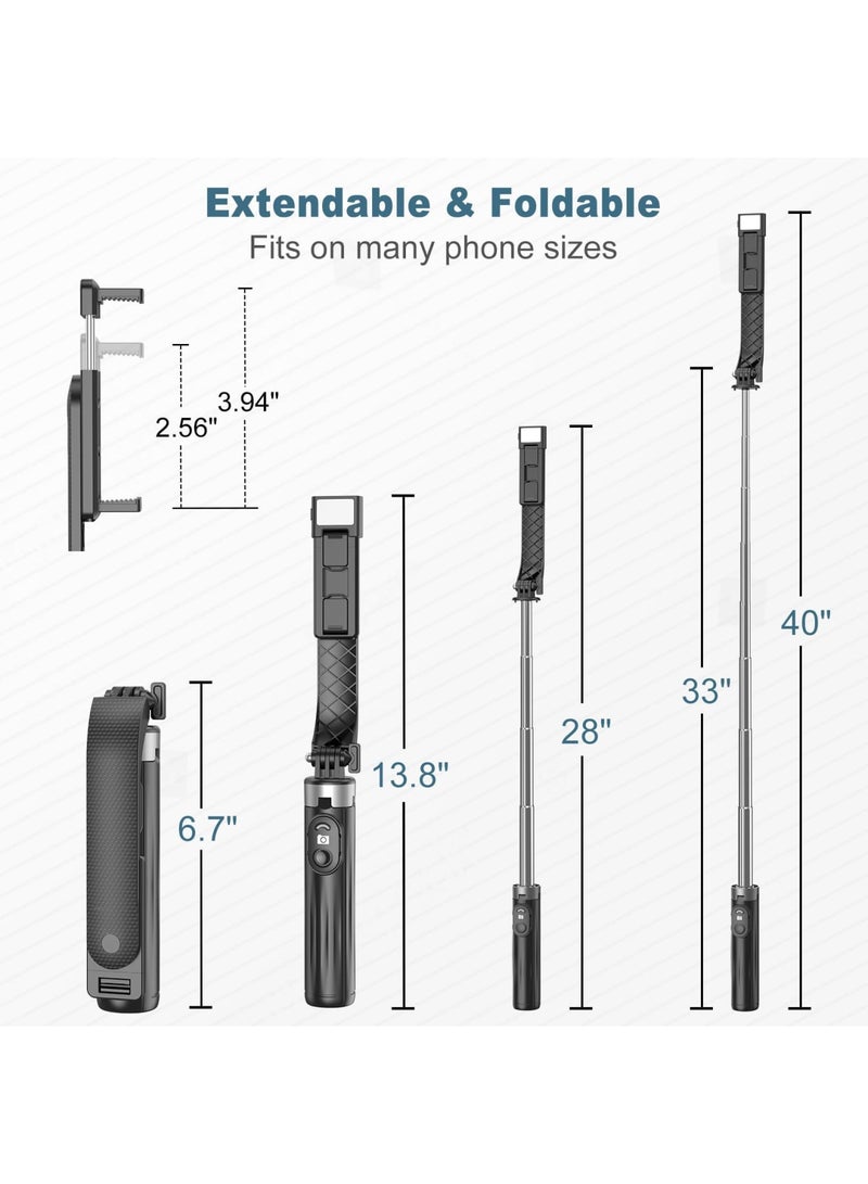 SYOSI 40 Selfie Stick Tripod with LED Fill Light, Extendable Travel Essential Phone Tripod, Upgrade Cell Phone quadpods with Wireless Remote, Portable Lightweight Phone Tripod for iPhone/Android(Black) - Image 4