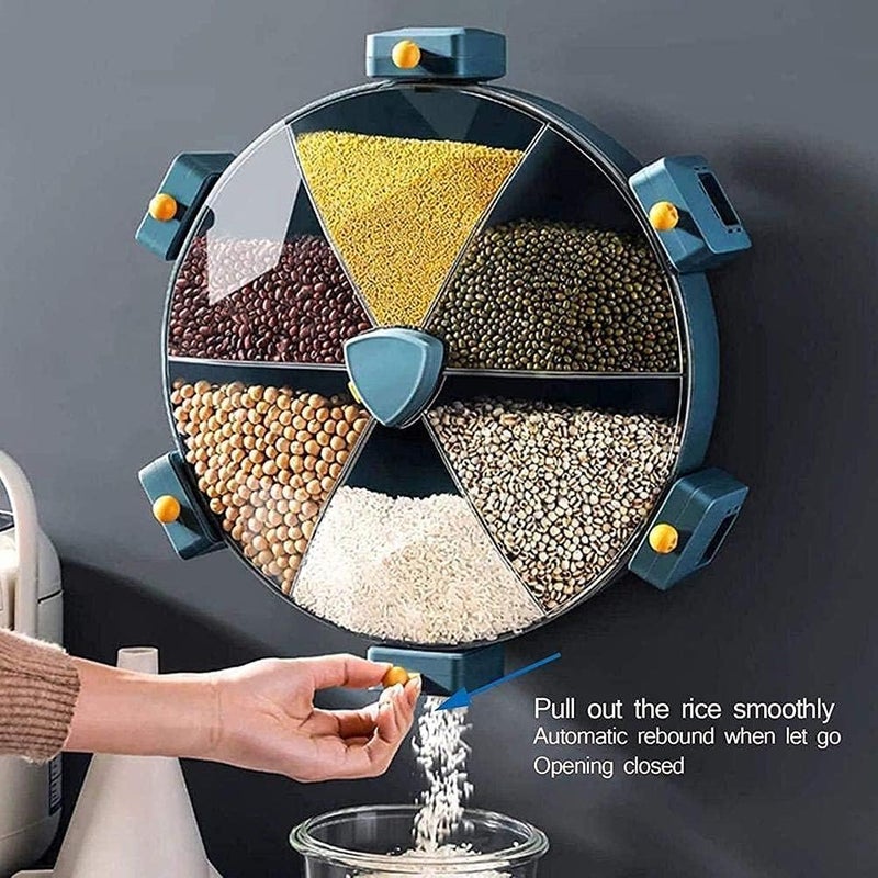 ديروفان موزع حبوب وجافيات جداري دوار 6 خلايا من DEROVAN – تخزين محكم الغلق، توزيع بنقرة واحدة، منظم مطبخ موفر للمساحة للأرز، الفاصوليا، الحبوب، الحبوب الكاملة - Image 4