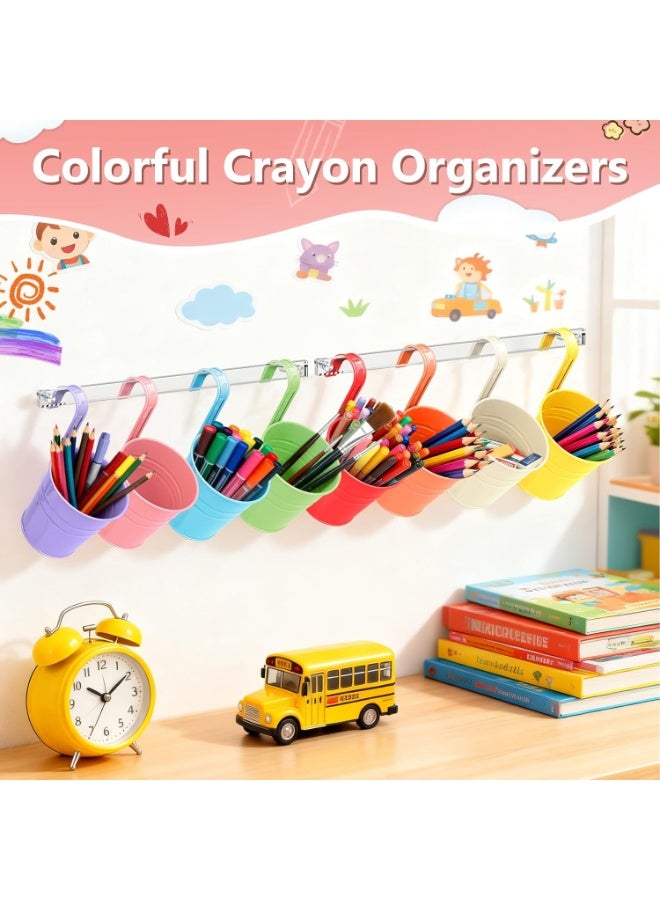 Arabest 8 Pack Metal Pencil Holder Crayon Organizer for Classroom with Hanging Rack for Wall, Crayon Holder Hanging Art Storage Buckets for Classroom - Image 4