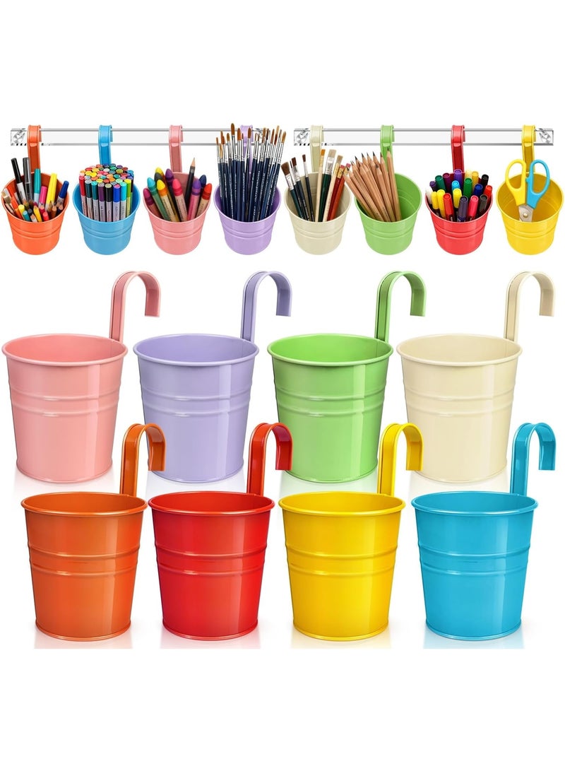 Arabest 8 Pack Metal Pencil Holder Crayon Organizer for Classroom with Hanging Rack for Wall, Crayon Holder Hanging Art Storage Buckets for Classroom - Image 1