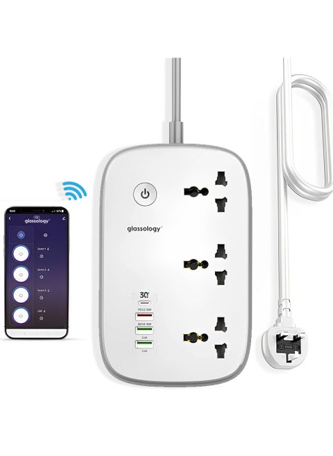 Smart Wi-Fi Power Extension box With 3 Sockets USB Type C PD Quick Charge Port 3 USB-A And 1 QC3.0 Works With Smart App Universal Power Sockets With UK 3 Pin Plug for Home/School/Office