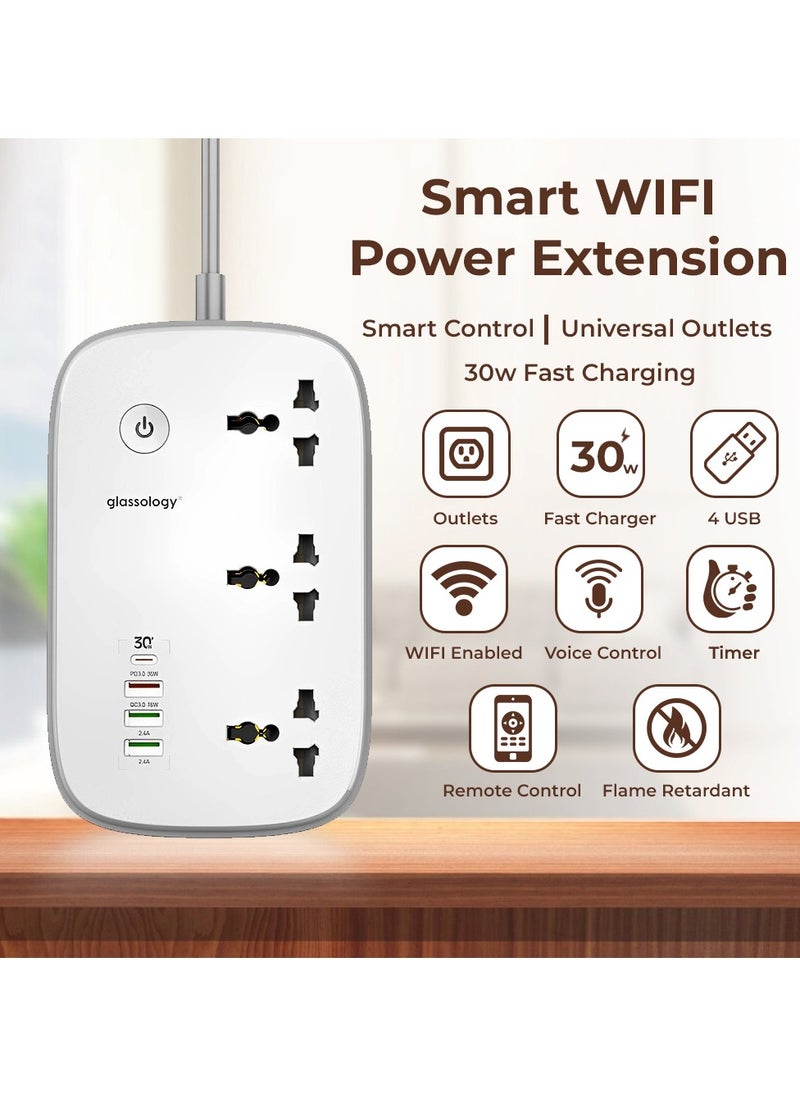 glassology - Smart Wi-Fi Power Extension box With 3 Sockets USB Type C PD Quick Charge Port 3 USB-A And 1 QC3.0 Works With Smart App Universal Power Sockets With UK 3 Pin Plug for Home/School/Office - Image 1