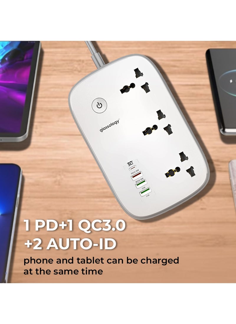 glassology - Smart Wi-Fi Power Extension box With 3 Sockets USB Type C PD Quick Charge Port 3 USB-A And 1 QC3.0 Works With Smart App Universal Power Sockets With UK 3 Pin Plug for Home/School/Office - Image 1