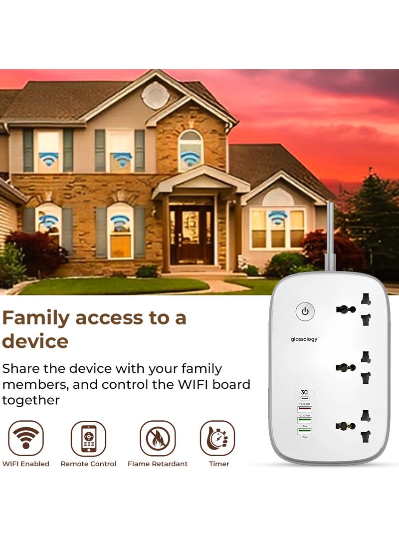 glassology - Smart Wi-Fi Power Extension box With 3 Sockets USB Type C PD Quick Charge Port 3 USB-A And 1 QC3.0 Works With Smart App Universal Power Sockets With UK 3 Pin Plug for Home/School/Office - Image 1